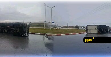 بسبب-“الطريق-الزلقة”.-انقلاب-شاحنة-من-الحجم-الكبير-بمدخل-مدينة-سلوان